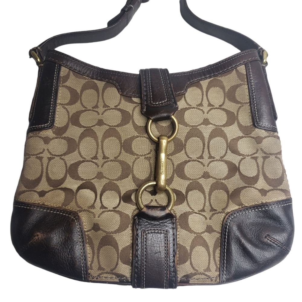 Coach Brown Signature Hampton Logo Leather Purse Shoulder Bag Gold Clasp